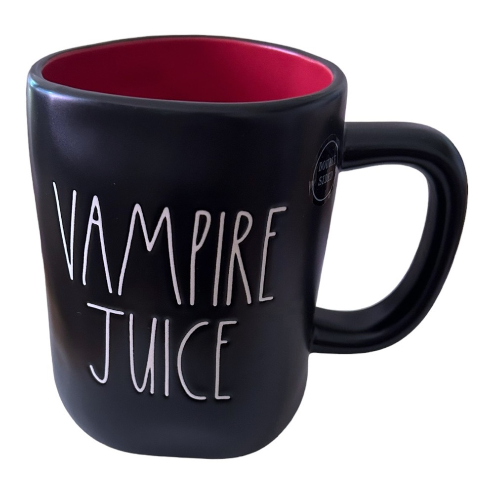 Rae Dunn Halloween Vampire Juice Mug with Red Interior and Bat Illustration
